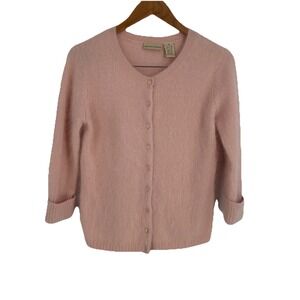 Vintage Women Angora Cardigan Sweater Medium Pink Button Up Twee Kawaii Coquette